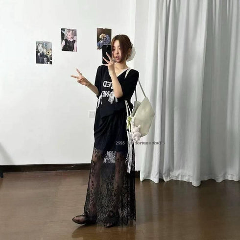 Spring Trendy Aesthetic Lacey Skirt With T-Shirts Sets